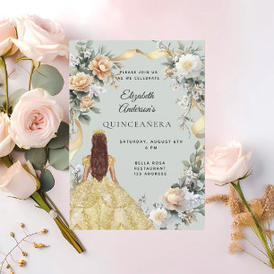 Quinceanera gouden jurk bloemen salie groen kaart