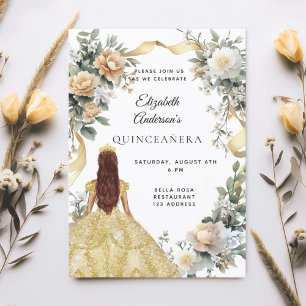 Quinceanera gouden jurk bloemen salie groen kaart