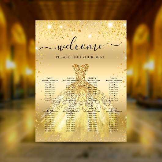 Quinceanera gouden jurk bloemen zitgrafiek poster