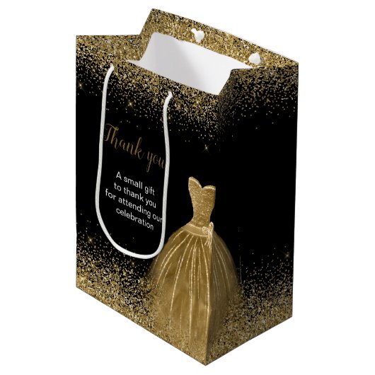 Quinceanera gouden jurk faux glitter medium cadeauzakje (Voorkant Gekanteld)