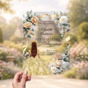 Quinceanera gouden jurk gele bloemen doorzichtig acryl uitnodigingen