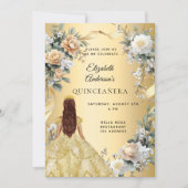Quinceanera gouden jurk gele bloemen kaart (Voorkant)