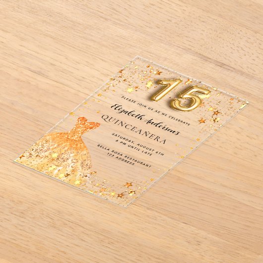 Quinceanera gouden jurk sterren Clear Acryl Uitnodigingen (Laagn)