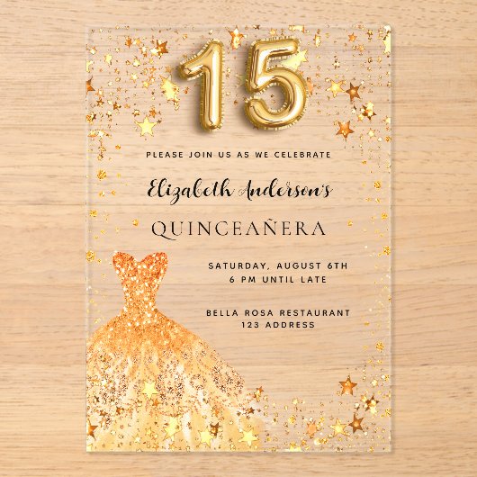 Quinceanera gouden jurk sterren Clear Acryl Uitnodigingen (Voorkant)