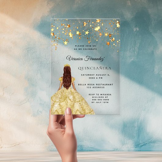 Quinceanera gouden jurk sterren Clear Acryl Uitnodigingen