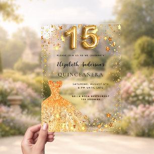 Quinceanera gouden jurk sterren duidelijk acryl uitnodigingen