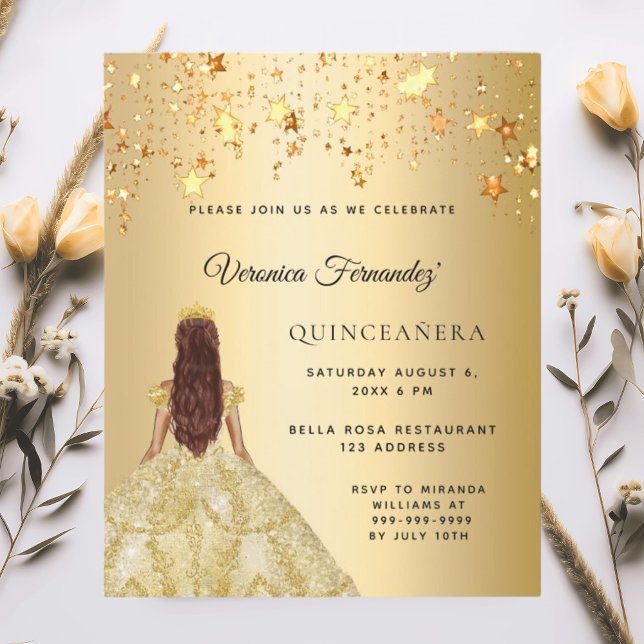 Quinceanera gouden jurk sterren uitnodiging (Creator heeft geüpload)