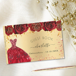 Quinceanera gouden rode jurk bloemen glitter gastenboek