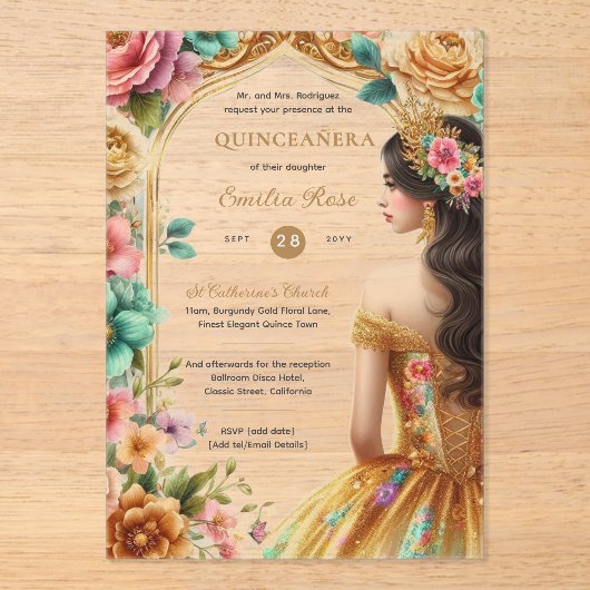 Quinceañera Gouden Roze Groene Rozen Jurk Quince Acryl Uitnodigingen (Voorkant)