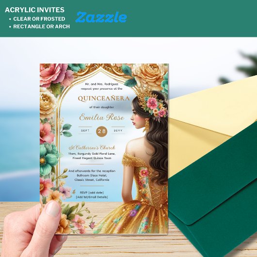 Quinceañera Gouden Roze Groene Rozen Jurk Quince Acryl Uitnodigingen