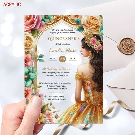 Quinceañera Gouden Roze Groene Rozen Jurk Quince Acryl Uitnodigingen