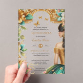 Quinceañera Gouden Smaragdgroene Rozen Jurk Quince Acryl Uitnodigingen (Insitu (Draagbaar))