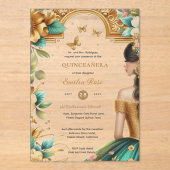 Quinceañera Gouden Smaragdgroene Rozen Jurk Quince Acryl Uitnodigingen (Voorkant)