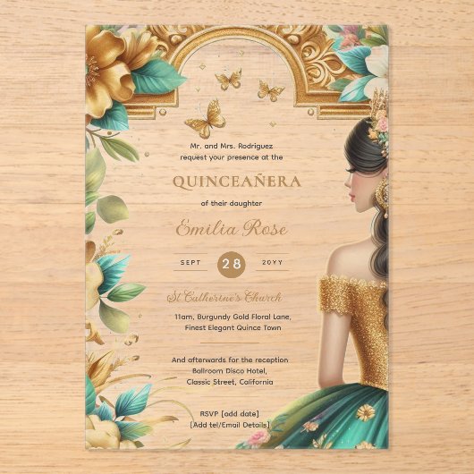Quinceañera Gouden Smaragdgroene Rozen Jurk Quince Acryl Uitnodigingen (Voorkant)