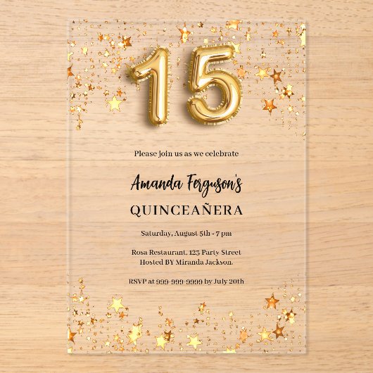 Quinceanera gouden sterren helder acryl uitnodigingen (Voorkant)