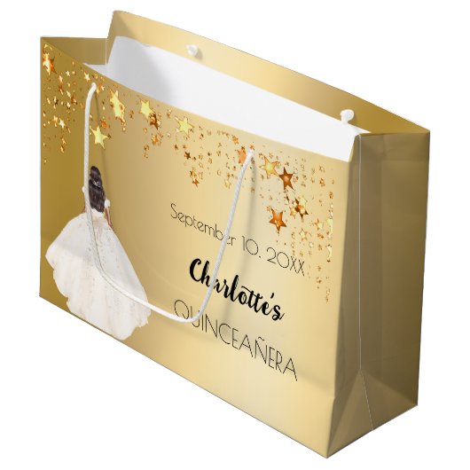 Quinceanera gouden sterren ivoren jurk groot cadeauzakje (Voorkant Gekanteld)