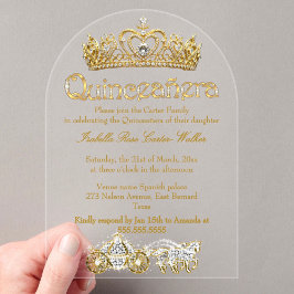 Quinceanera Gouden Tiara Diamanten Prinses Koets Acryl Uitnodigingen