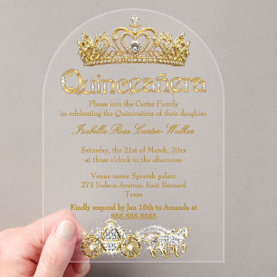 Quinceanera Gouden Tiara Diamanten Prinses Koets Acryl Uitnodigingen