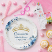 Quinceanera Gouden Tiara Glitter en Blauwe Bloemen Papieren Bordje (Feest)
