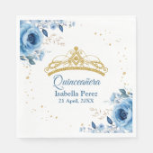 Quinceanera Gouden Tiara Glitter en Blauwe Bloemen Servet (Voorkant)