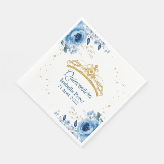 Quinceanera Gouden Tiara Glitter en Blauwe Bloemen Servet (Hoek)