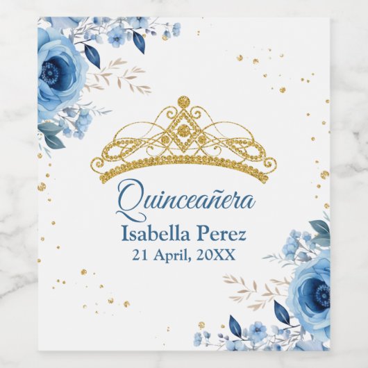 Quinceanera Gouden Tiara Glitter en Blauwe Bloemen Wijn Etiket (Enkel label)