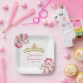 Quinceanera Gouden Tiara Glitter en Roze Bloemen Papieren Bordje (Feest)
