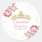 Quinceanera Gouden Tiara Glitter en Roze Bloemen Ronde Sticker (Voorkant)