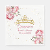 Quinceanera Gouden Tiara Glitter en Roze Bloemen Servet (Voorkant)