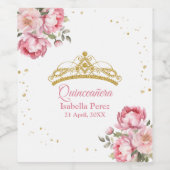 Quinceanera Gouden Tiara Glitter en Roze Bloemen Wijn Etiket (Enkel label)