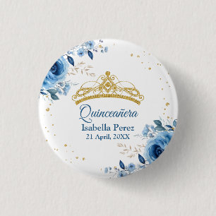 Quinceanera Gouden Tiara Glitters en Blauwe Bloeme Ronde Button 3,2 Cm