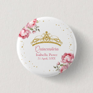 Quinceanera Gouden Tiara Glitters en Roze Bloemen Ronde Button 3,2 Cm