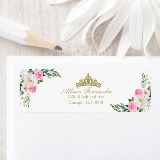 Quinceanera Gouden Tiara Heet Roze Bloem Label (Insitu)