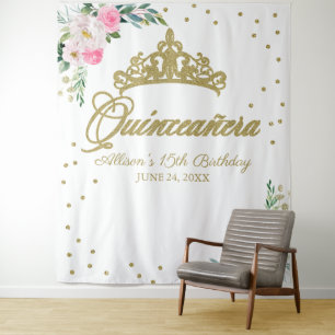 Quinceanera Gouden Tiara Heet Roze Bloemstuk Achte Wandkleed