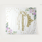 Quinceanera Gouden Tiara Lila Bloemen Achtergrond Wandkleed (Voorkant (horizontaal))