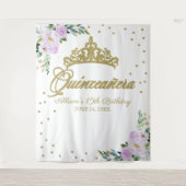 Quinceanera Gouden Tiara Lila Bloemen Achtergrond Wandkleed (Voorkant)