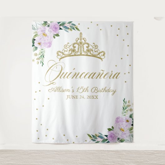 Quinceanera Gouden Tiara Lila Bloemstuk Achtergron Wandkleed (Voorkant)