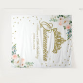 Quinceanera Gouden Tiara Roze Bloemstuk Achtergron Wandkleed (Voorkant (horizontaal))