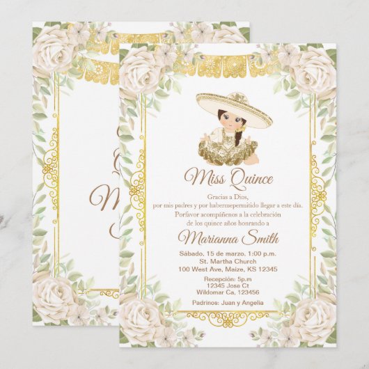 Quinceanera Gouden Witte Rozen Fiesta Mis Quince  Kaart (Voorkant / Achterkant)