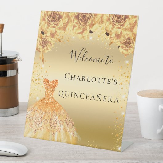 Quinceanera goudglitter jurk welkom reclamebord met voetstuk (Insitu)
