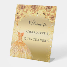 Quinceanera goudglitter jurk welkom reclamebord met voetstuk