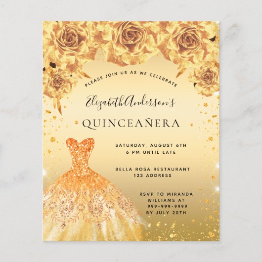 Quinceanera goudjurk voor bloemen flyer (Voorkant)