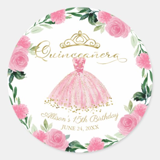 Quinceanera Gown Hot Pink Floral Ronde Sticker (Voorkant)
