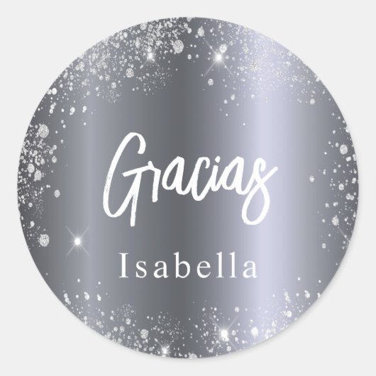 Quinceanera gracias zilverglitter ronde sticker (Voorkant)