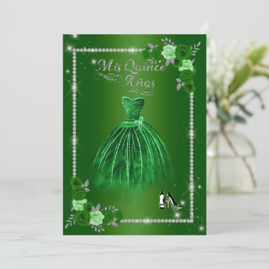 Quinceanera Green en Silver Floral Elegant Kaart (Staand voorkant)
