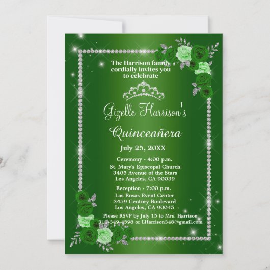 Quinceanera Green en Silver Floral Elegant Kaart (Achterkant)