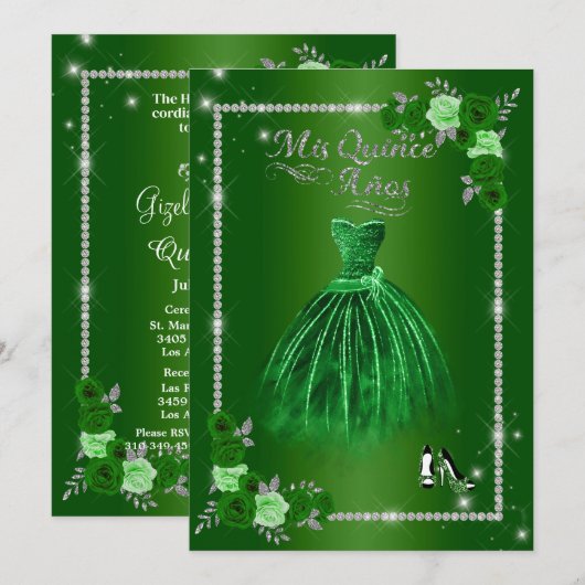Quinceanera Green en Silver Floral Elegant Kaart (Voorkant / Achterkant)