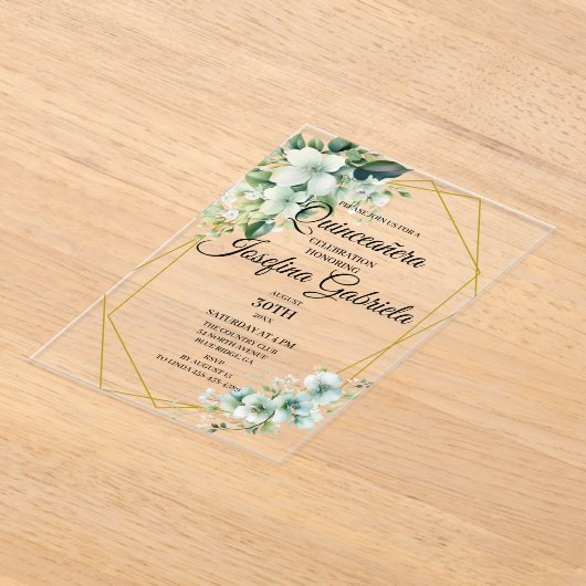Quinceanera green floral acryl uitnodigingen (Laagn)