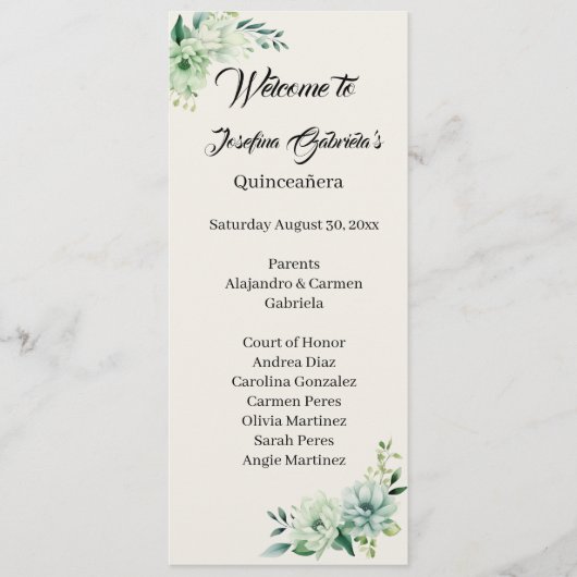 Quinceanera green floral double side program card  programmakaart (Voorkant)