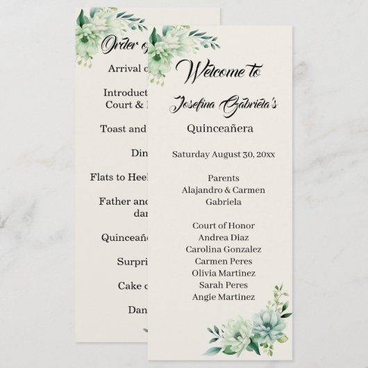 Quinceanera green floral double side program card  programmakaart (Voorkant / Achterkant)